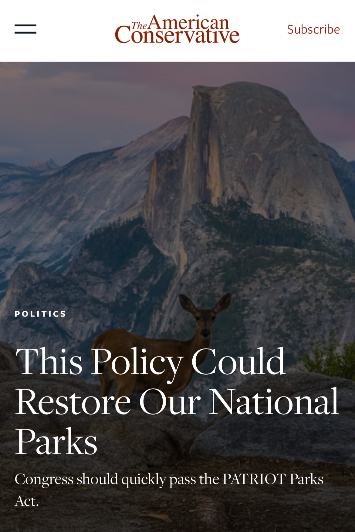 A forest scene with a large tree in the foreground, mountains in the background, and a deer near rocks, with overlaid text about a policy to restore national parks.