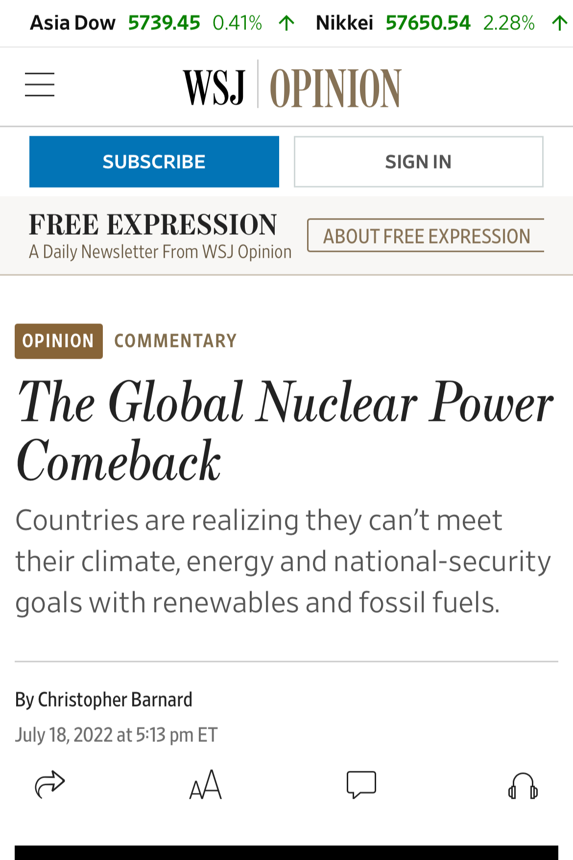 Screenshot of a Wall Street Journal opinion article titled "The Global Nuclear Power Comeback" with a subtitle about countries' energy and climate goals, authored by Christopher Barnard and published on July 18, 2022.
