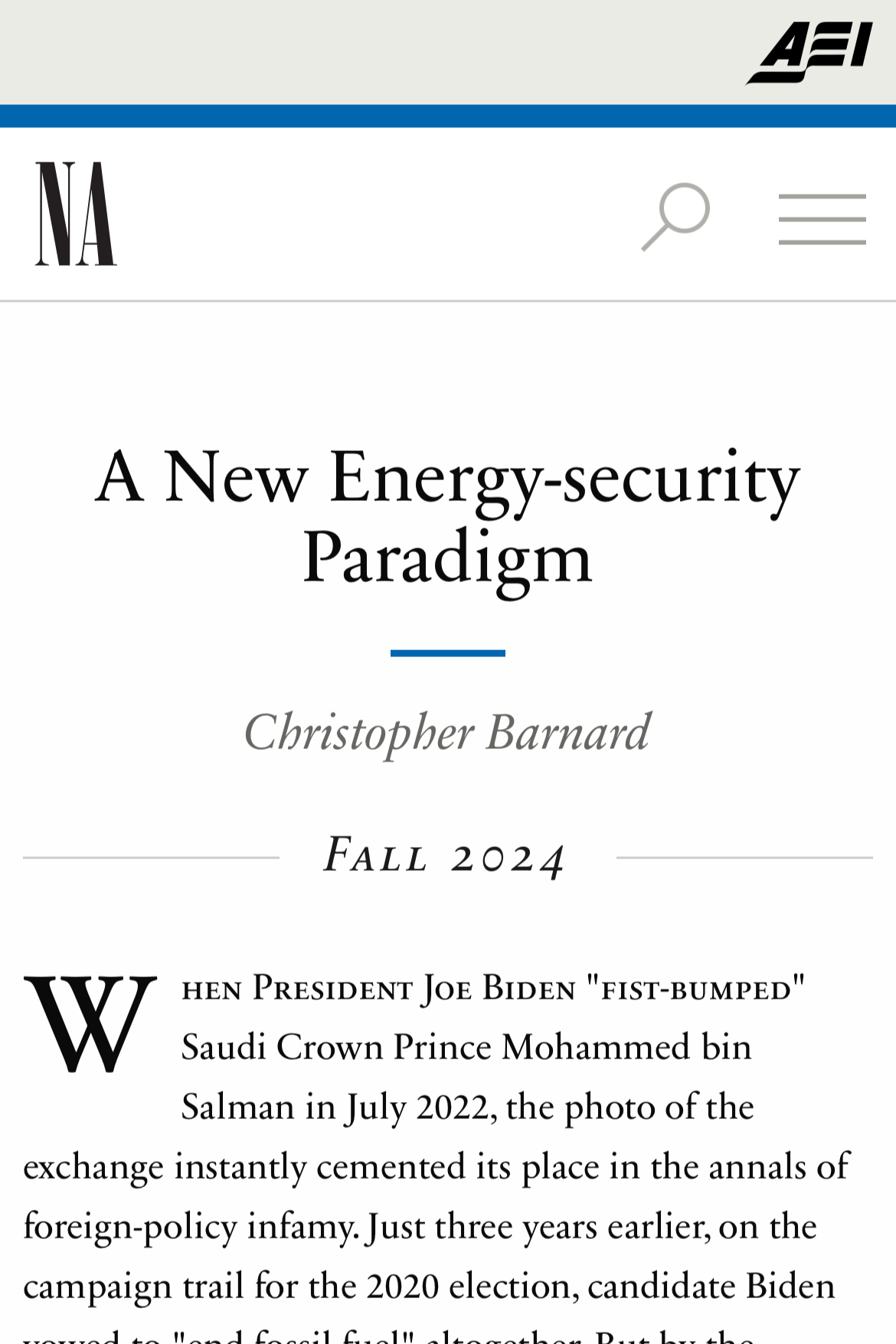 Cover page of National Affairs magazine, Winter 2026, issue 66, titled 'A New Energy-security Paradigm' by Christopher Barnard.