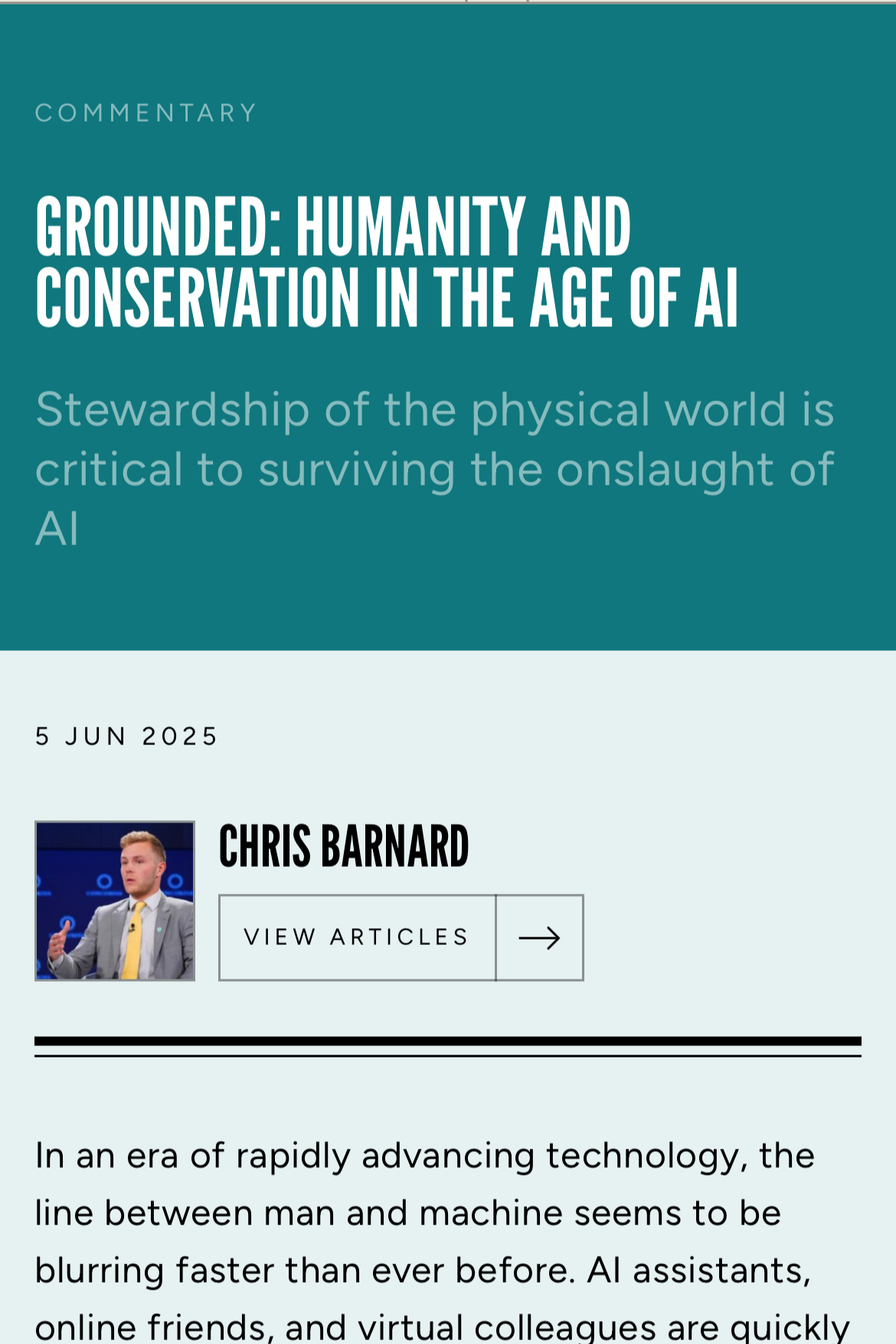 Screenshot of a web article titled 'Grounded: Humanity and Conservation in the Age of AI' on courage.media, with a subtitle about the importance of physical world stewardship, author Chris Barnard, and the date June 5, 2025.
