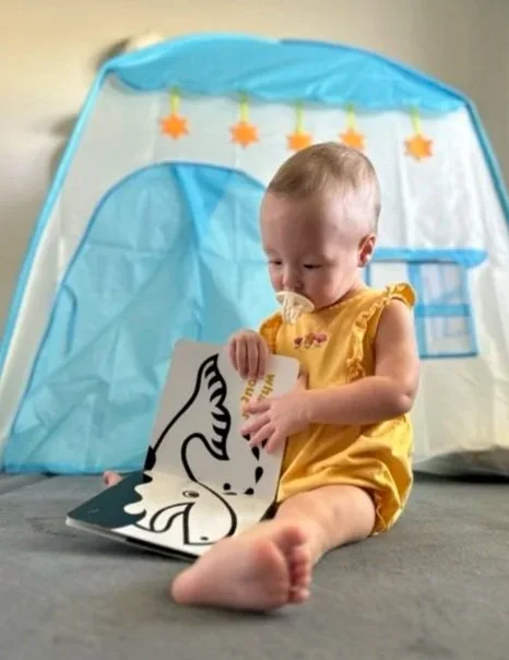A young child sitting on the floor in front of a blue and white play tent, holding a large black and white drawing of a dinosaur, with a pacifier in mouth, and wearing a yellow outfit.