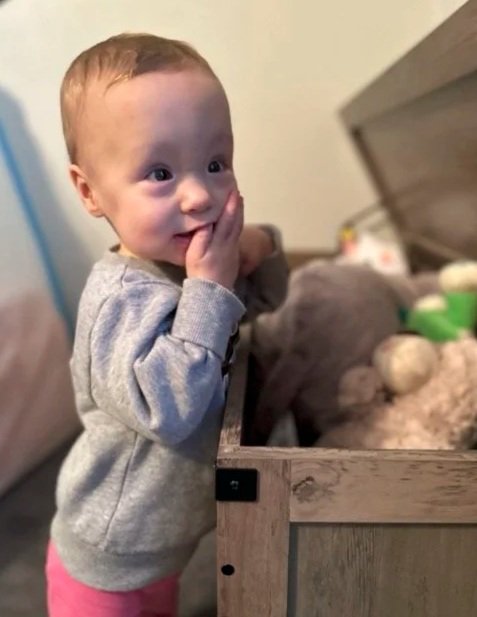 A young child with red hair, wearing a gray sweater, standing next to a wooden chest with animals inside, covering their mouth with one hand and looking surprised or curious.