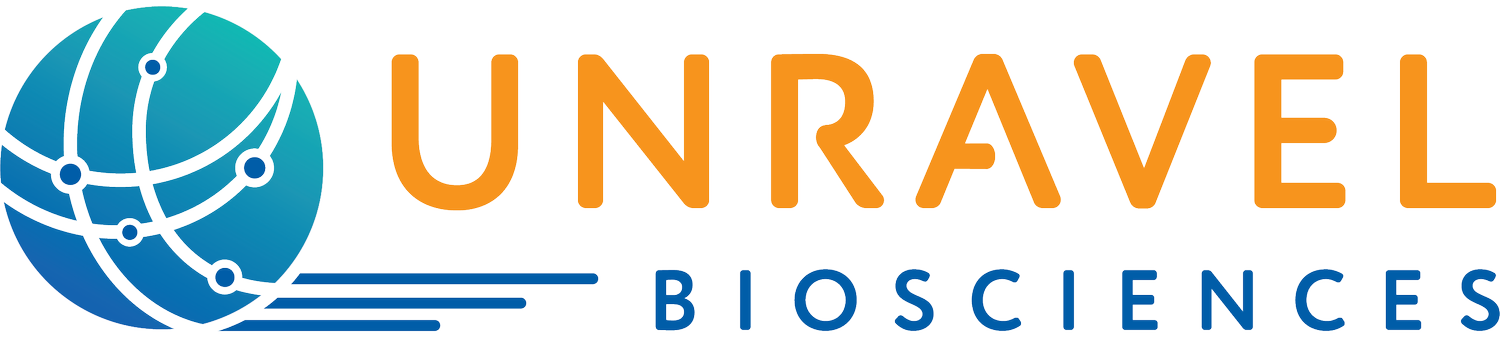 Logo for UNRAVEL Biosciences featuring a stylized globe with interconnected lines and nodes, with the text "UNRAVEL" in orange and "BIOSCIENCES" in blue.