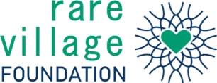 Text reading 'rare village FOUNDATION' with a heart and a flower-like design