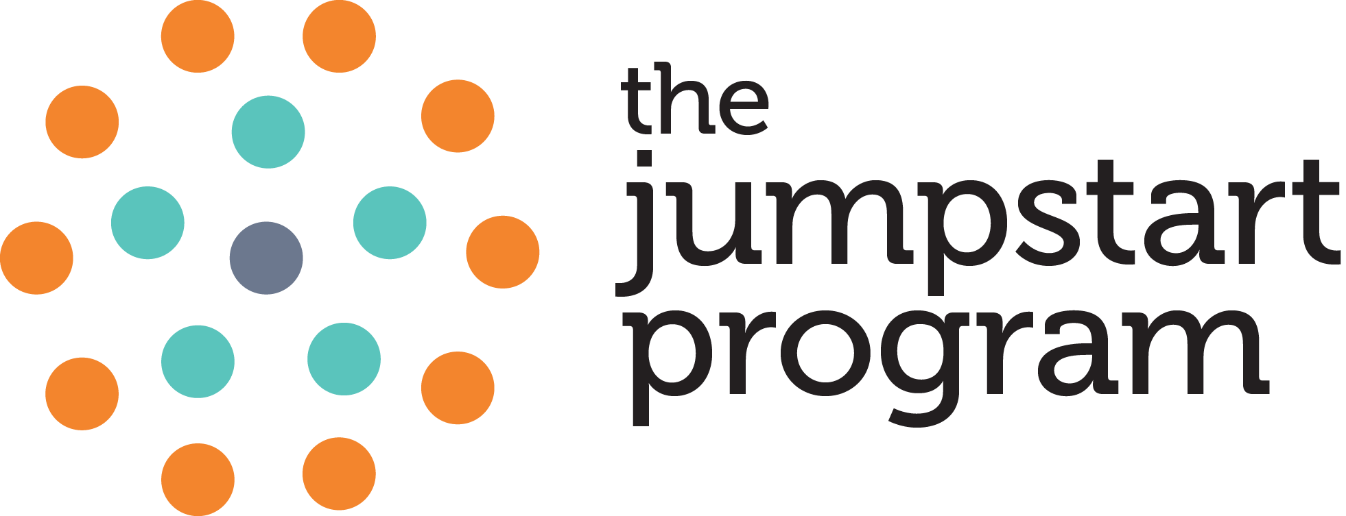 The logo of the Jumpstart the Jumpstart Program with a circular design made of orange and teal dots and black text.