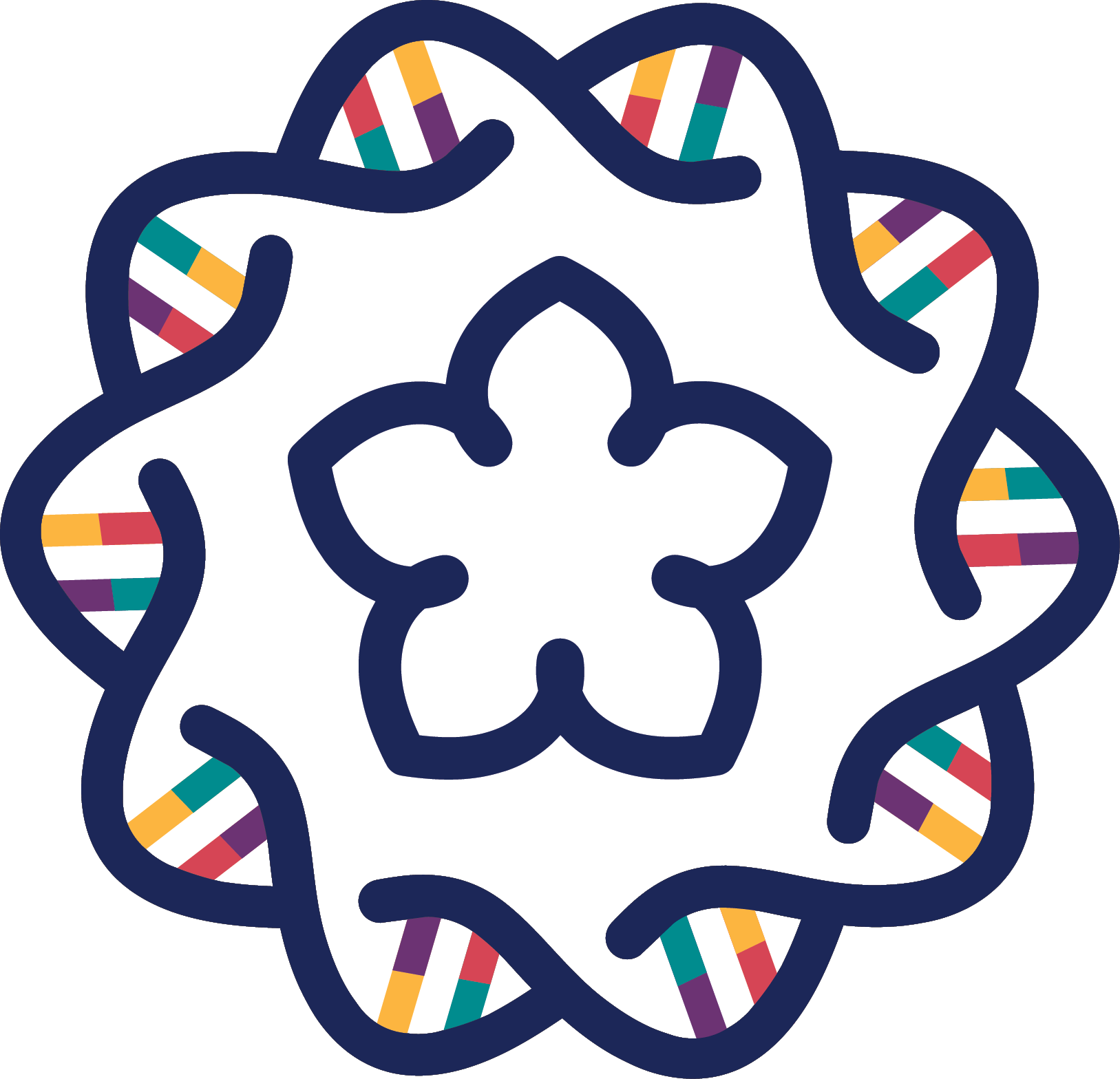 A stylized star-shaped flower with a DNA double helix pattern around the edges.