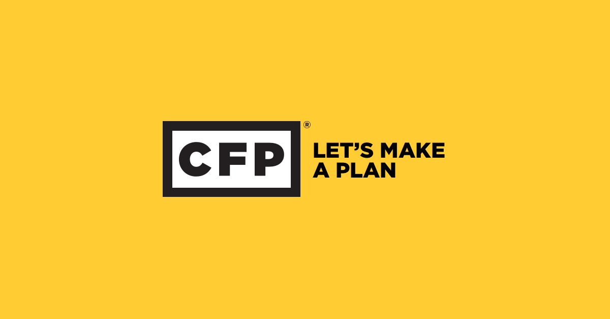 Logo with black text 'CFP' inside a white rectangle with black border, and bold black text 'LET'S MAKE A PLAN' on yellow background.