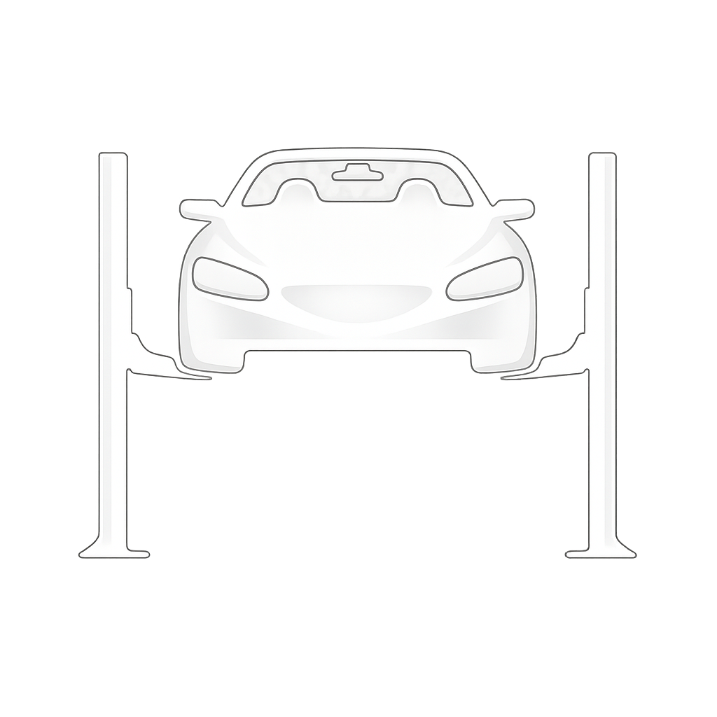 A white car is showcased on a vehicle hoist in a garage or auto shop.