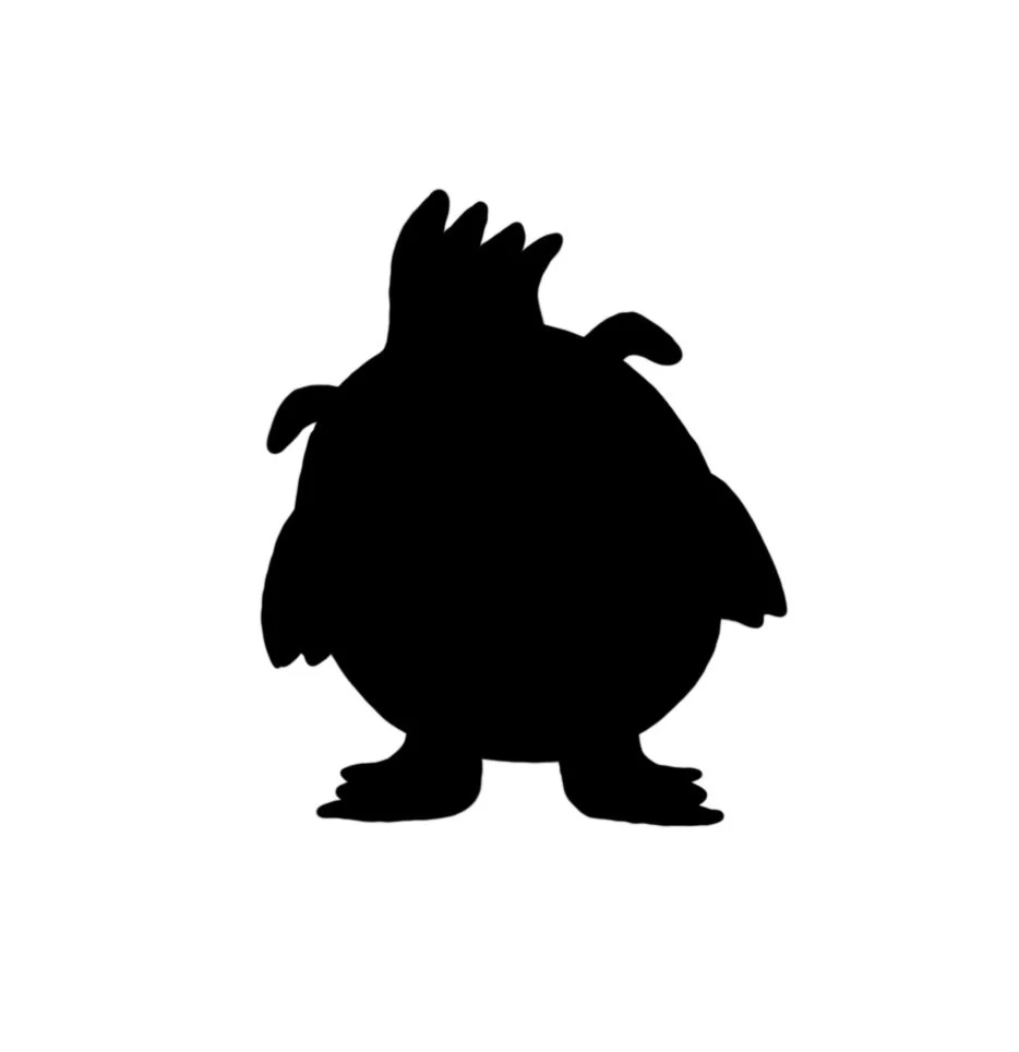 Silhouette of a cartoon-style bird with a spiky crest and small wings on a white background.