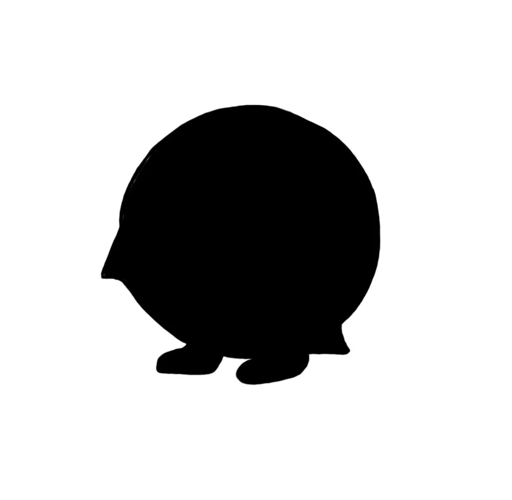 Silhouette of a small, round bird with a short beak and tiny wings, facing left, on a white background.