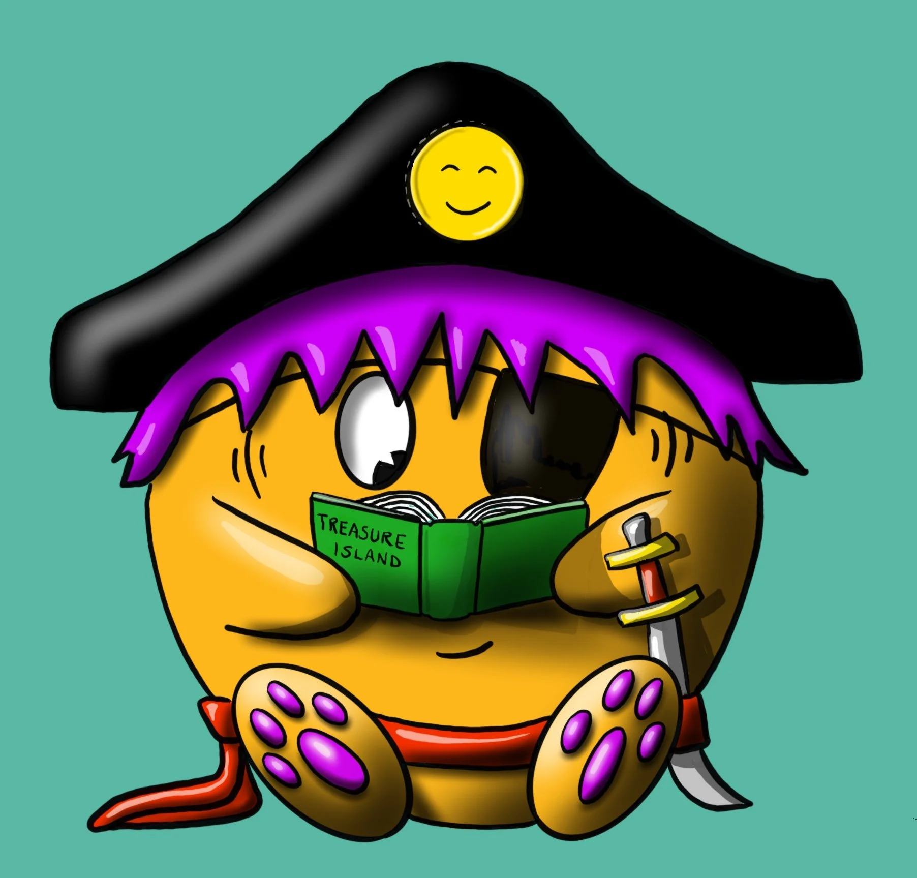 A cartoon character with purple hair and yellow skin, dressed as a pirate with a black hat with a smiley face, holding a green book labeled "Treasure Island" and a sword, sitting against a turquoise background.