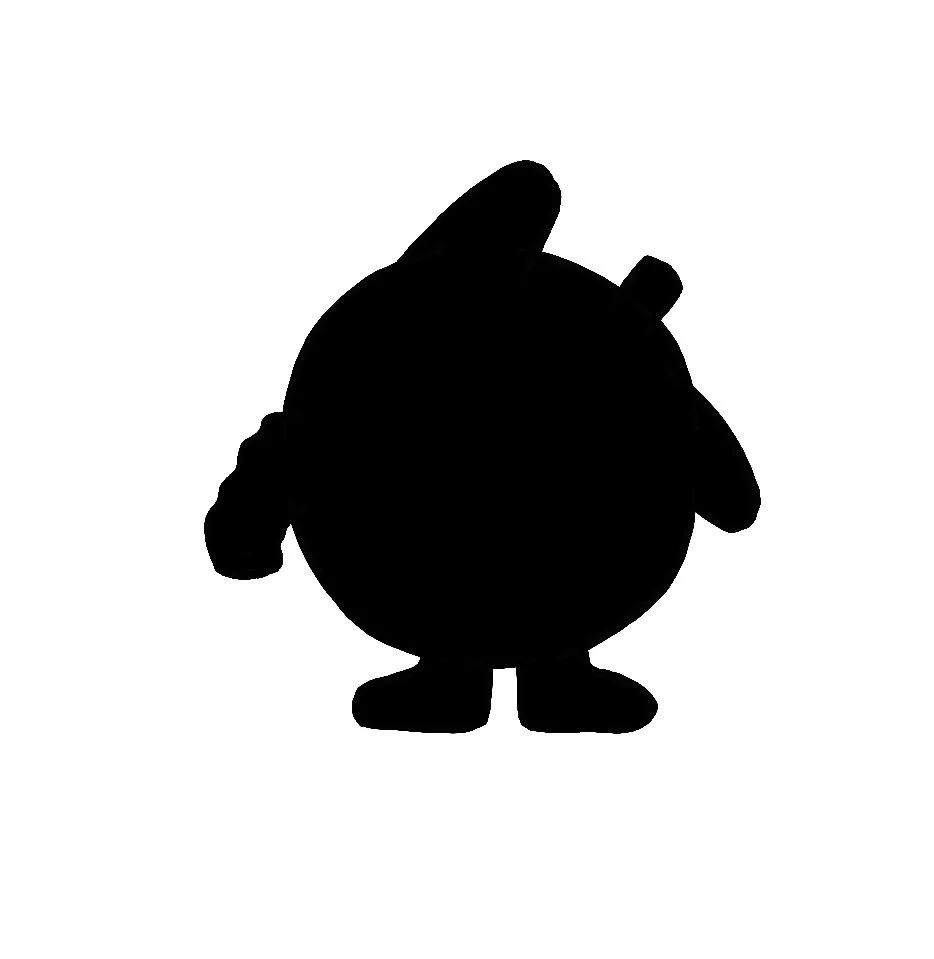 Silhouette of a cartoon penguin with a rounded body, standing on two feet, with a small wing on each side, holding a camera in one wing.