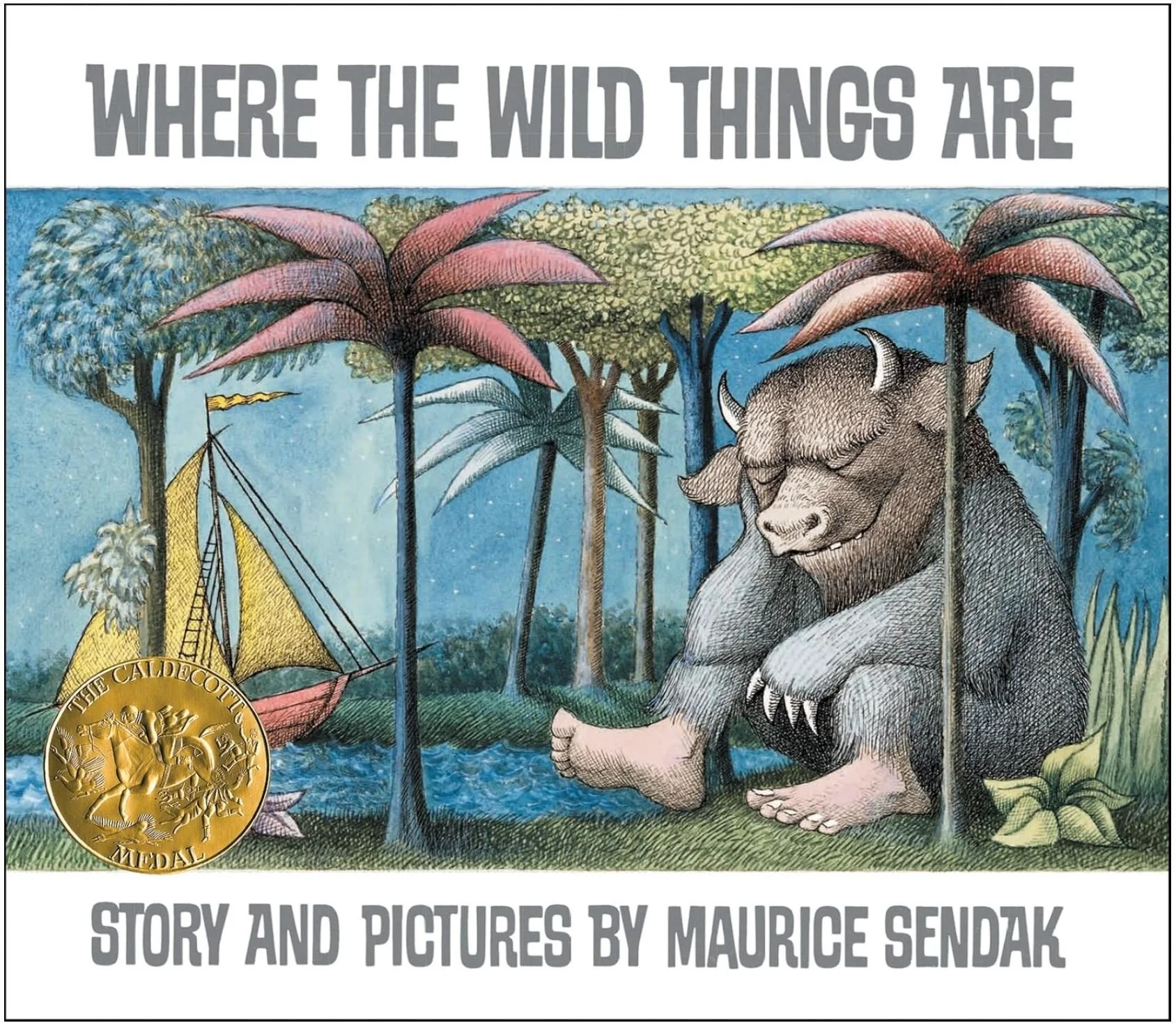 A colorful book cover titled 'Where the Wild Things Are' with an illustration of a wild creature in a jungle scene with lush trees, a river, and a sailing ship, created by Maurice Sendak, featuring a gold medal seal.