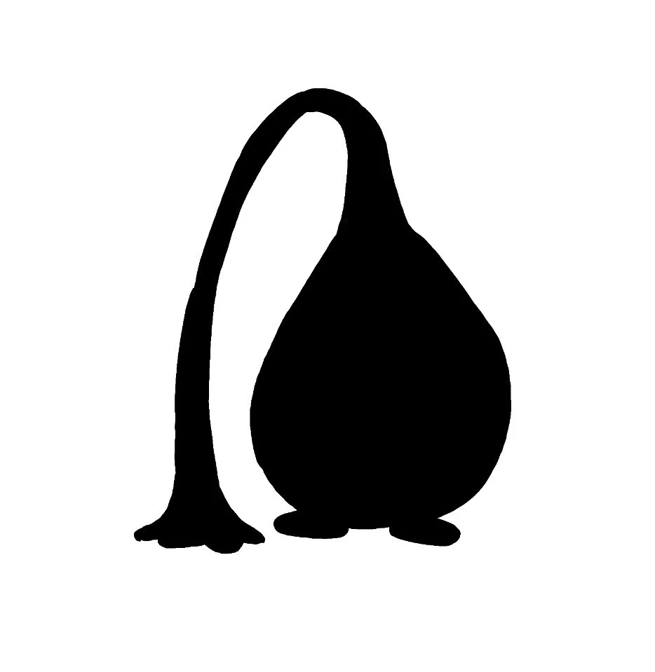 A black and white silhouette of a groundhog with its head and tail lowered, standing on all fours.