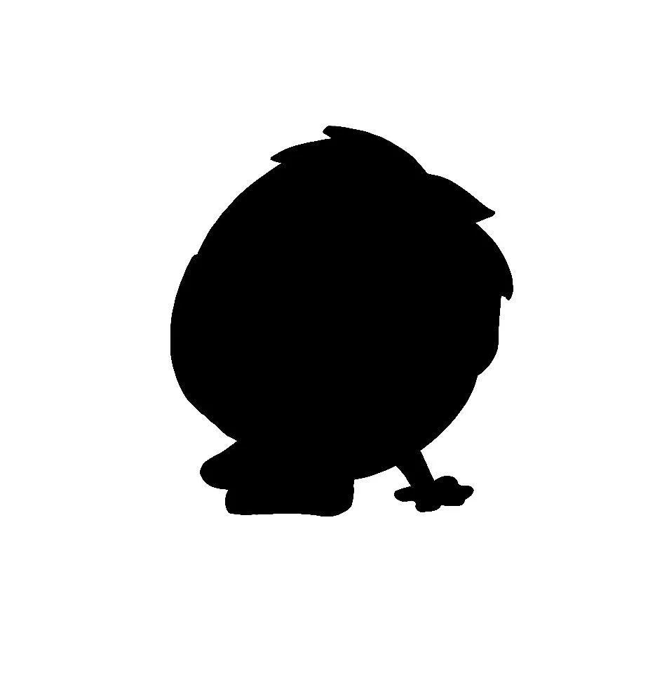 Black silhouette of a small owl sitting on the ground against a white background.