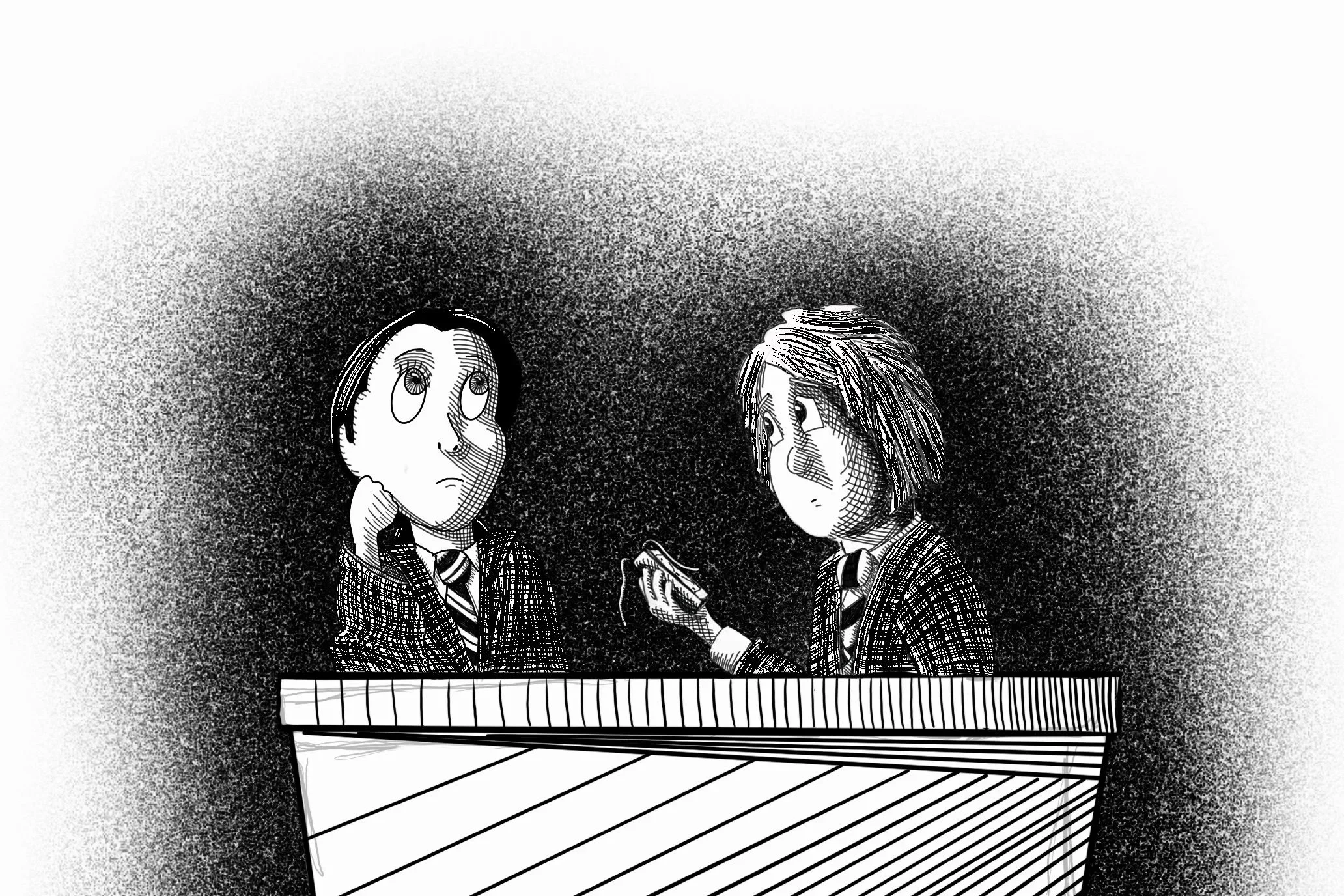 Black-and-white illustration of two students sitting at a desk, looking at each other, one holding a phone, both wearing school uniforms.