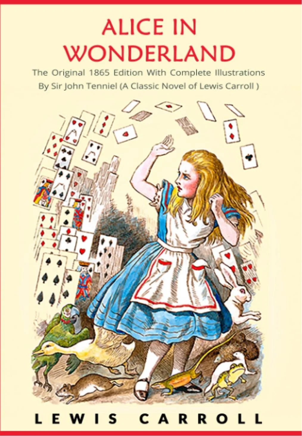 Illustration of Alice from 'Alice in Wonderland' surrounded by flying playing cards, a duck, a mouse, and other animals on the cover of a 1865 edition of the book.