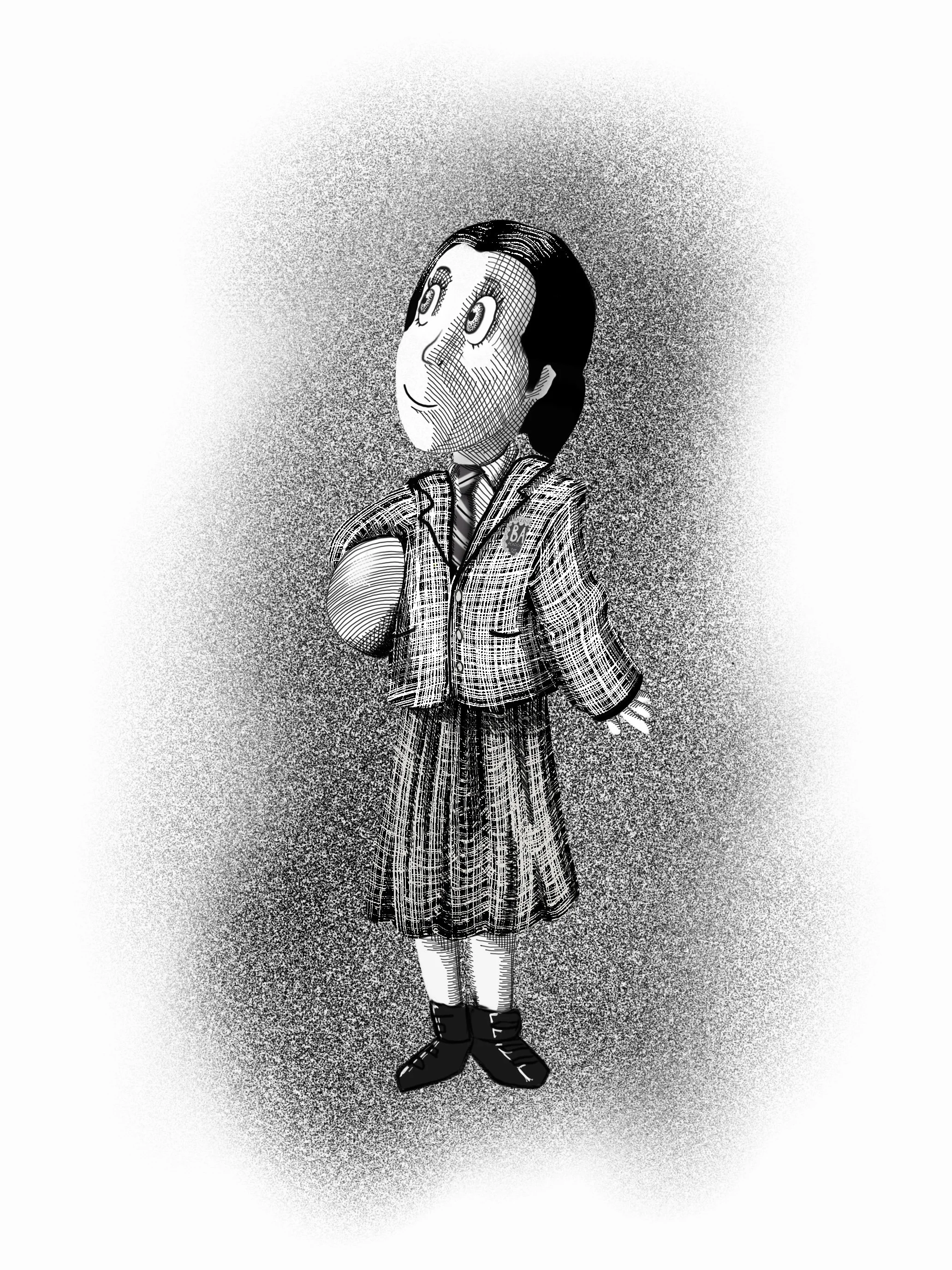 A black and white drawing of a girl. She is dressed in a plaid jacket, skirt, and black shoes, standing with one arm extended to the side. The background features a dot pattern fading outward.