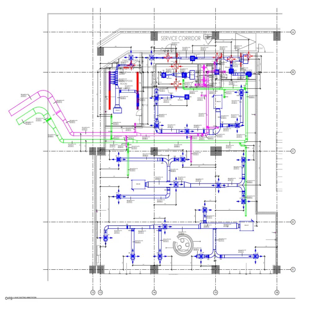 A detailed building blueprint showing HVAC, electrical, and plumbing systems with various colored lines and symbols.
