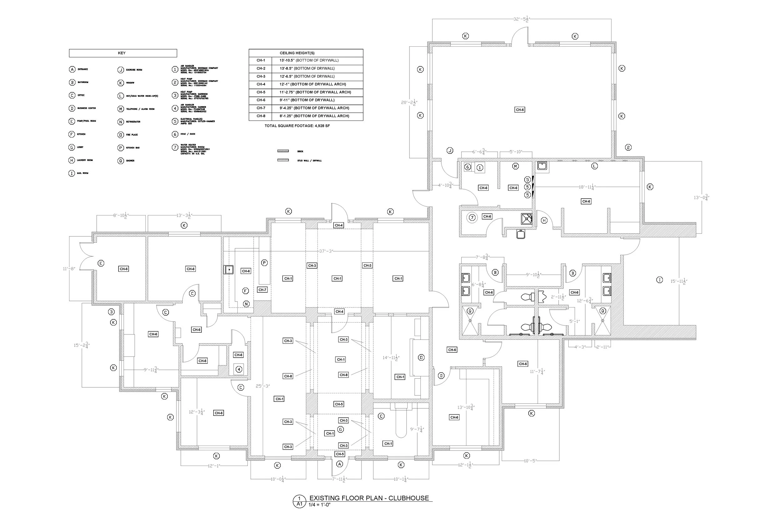 Architectural floor plan of a clubhouse showing rooms, walls, doors, windows, and measurements.