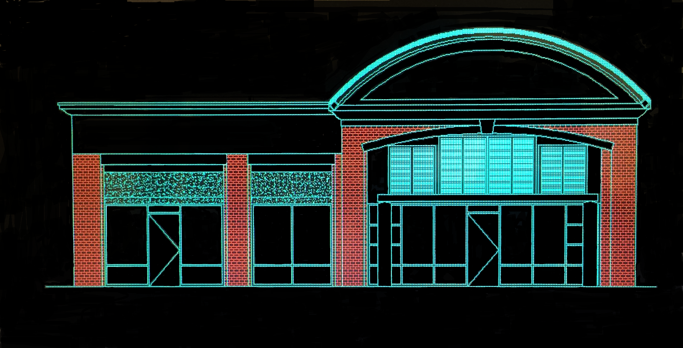 Blueprint-style outline of a two-story building with brick walls, large windows, and a curved roof section in neon cyan lines on a black background.