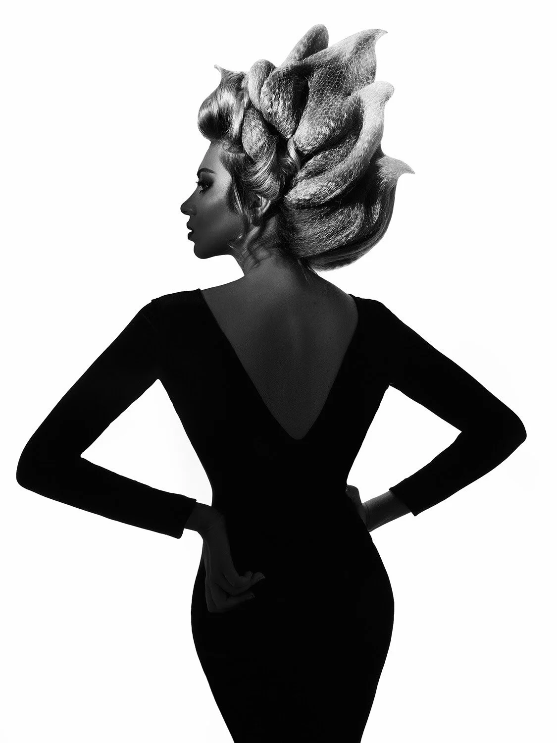 Black and white sculptural hairstyle by Gogasus, high fashion hair design
