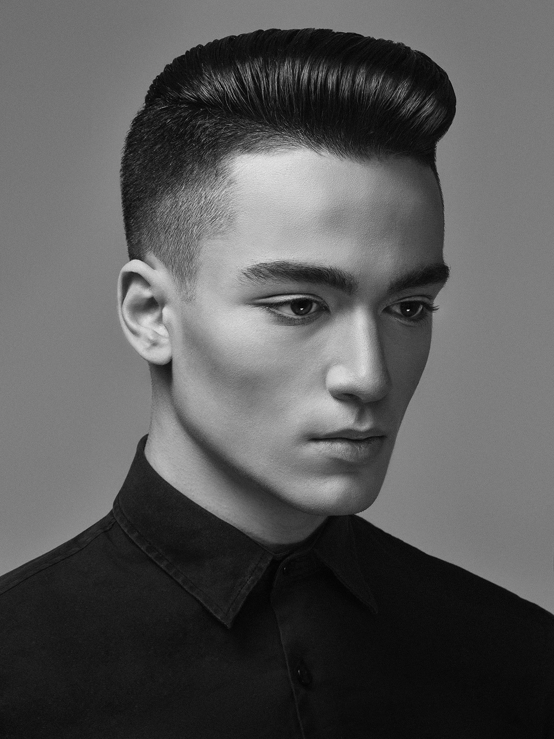 Precision men’s haircut by Gogasus, black and white editorial style