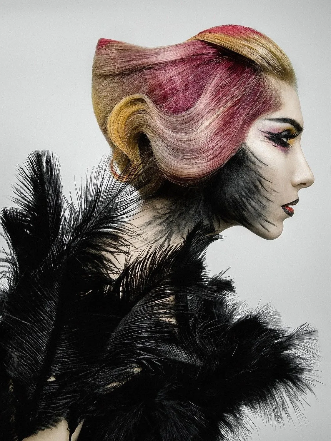 Side profile of a woman with colorful, styled hair, dramatic makeup, and dressed in black feathers.