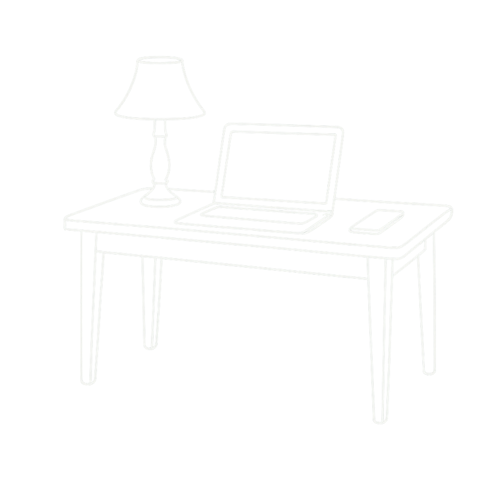 White outline drawing of a vintage armchair with curved arms and legs on a black background.