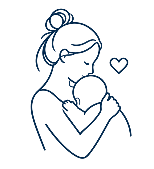 Line drawing of a mother holding her baby