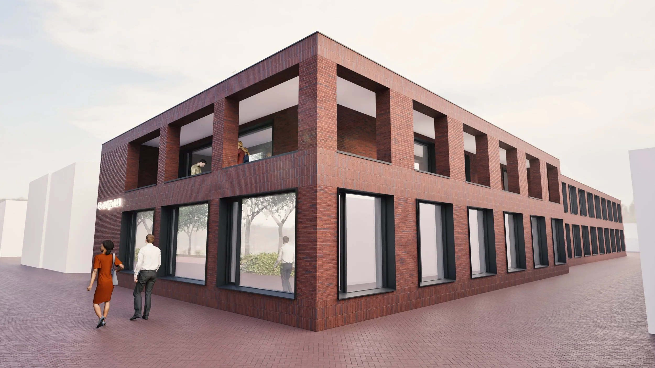 Moderne twee verdiepingen tellende gebouw met rode bakstenen gevel en grote ramen, mensen lopen op straat naast het gebouw.