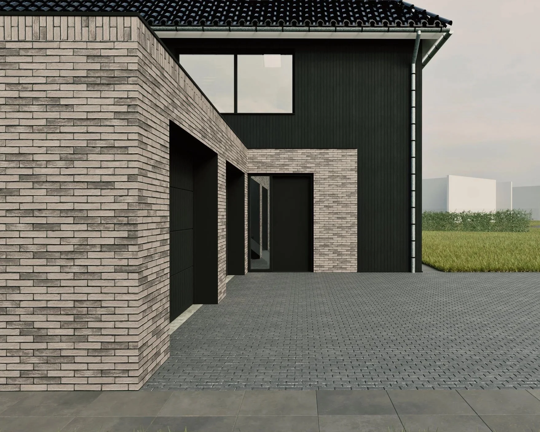 Moderne woning met een combinatie van bakstenen en zwarte houten gevels, met grote ramen en een betegeld terras.