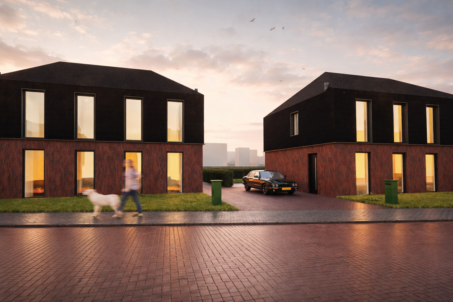 Twee moderne huizen met grote ramen, een auto op de oprit en een persoon met een hond die voorbijloopt, bij zonsondergang.
