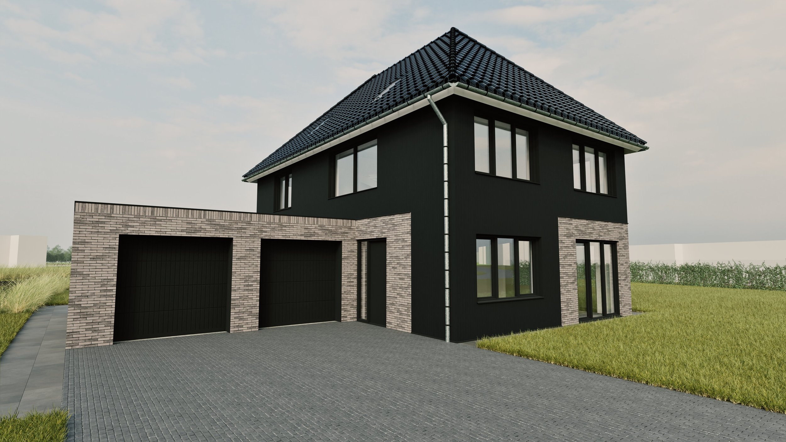 Nieuwe zwarte twee verdiepingen woning met garage en grote ramen, tuin en oprit.