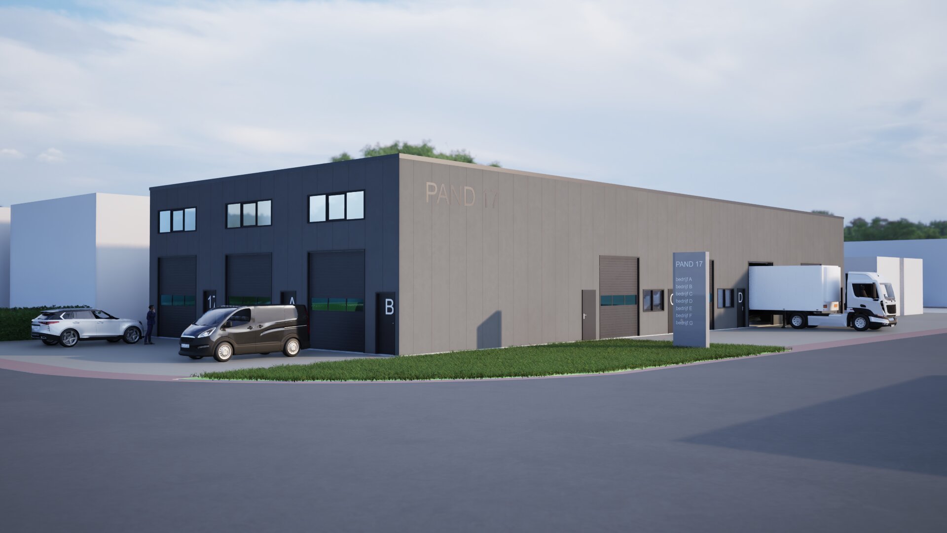 Een industrieel gebouw met meerdere garagedeuren en parkeerruimte, enkele voertuigen waaronder een witte auto, een zwarte bestelwagen en een witte vrachtwagen, en een informatiebord bij de ingang.