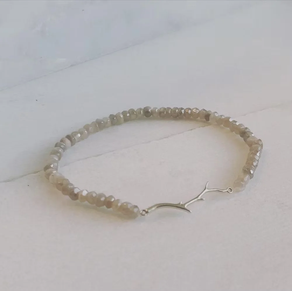 Sterling Silver Branch Bracelet with Rainbow Moonstone Beads