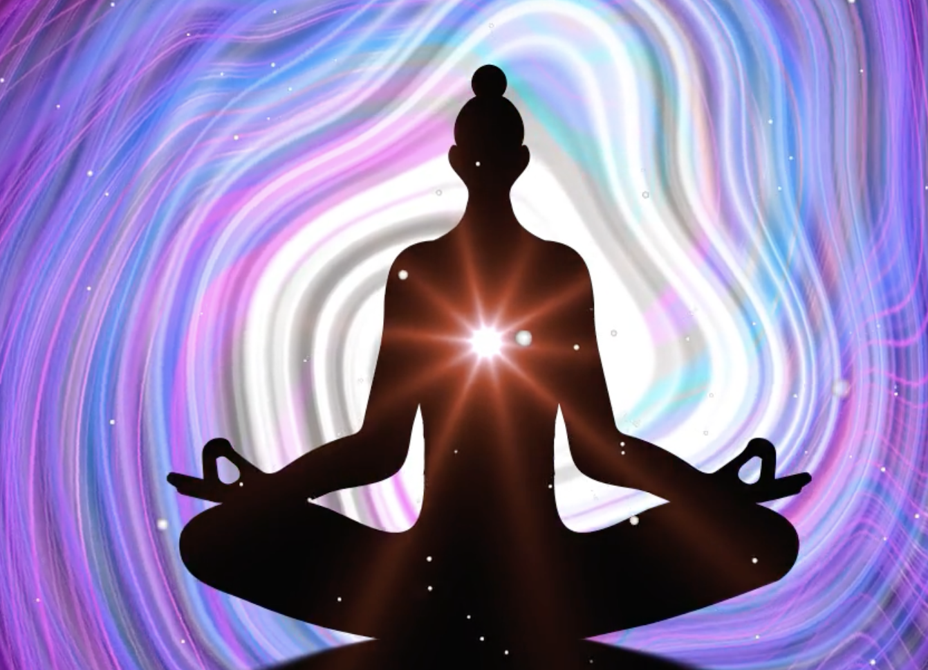 Silhouette of a person meditating in a lotus position with a glowing light at the chest against a colorful, swirling cosmic background.