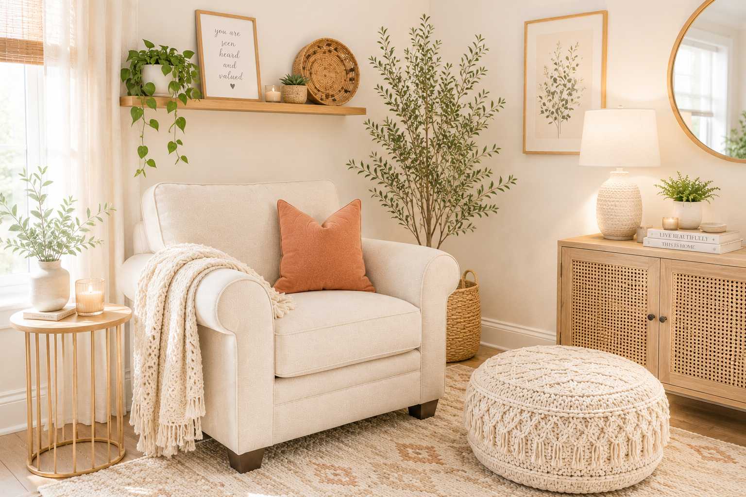A cozy living room corner with a cream-colored armchair, a pink heart-shaped pillow, a beige throw blanket, a small wooden side table with a potted plant, candle, and a few books. Behind the chair, there's a tall plant, framed artwork, a wooden shelf with a framed quote, plants, and candles. To the right, a wooden cabinet with a table lamp, more plants, and decorative books. A round woven ottoman and a patterned rug complete the scene.