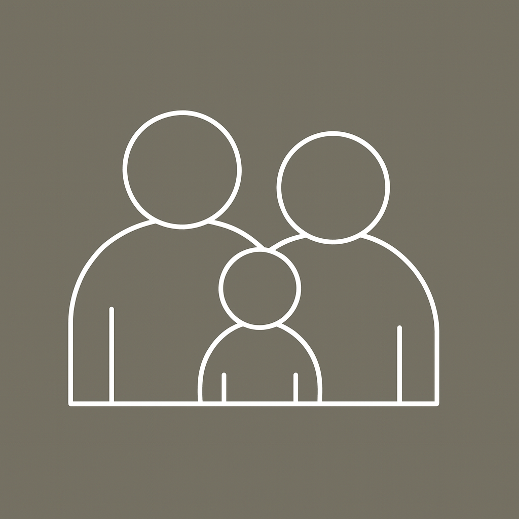 Outline drawing of two adults and one child on a gray background.
