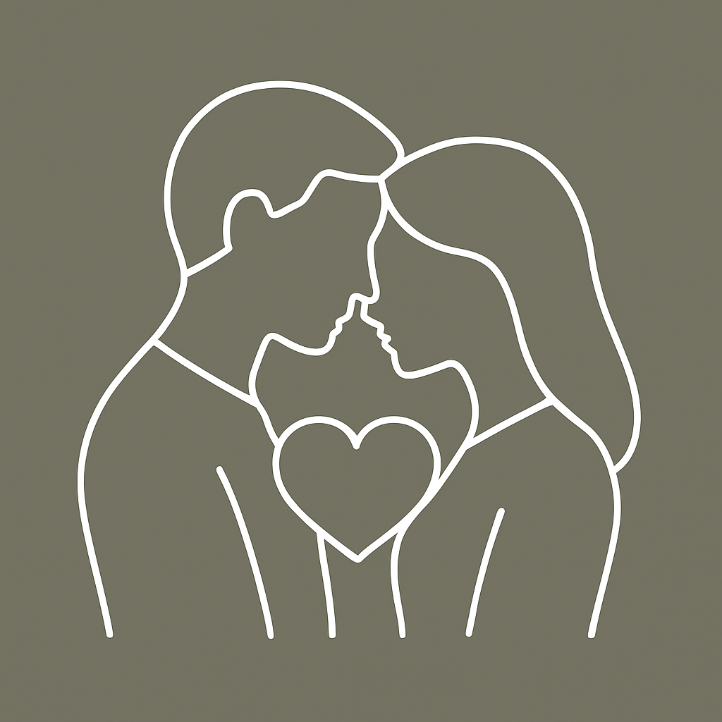 Line art illustration of a couple facing each other with their foreheads and noses touching, with a heart shape below them, on a gray background.