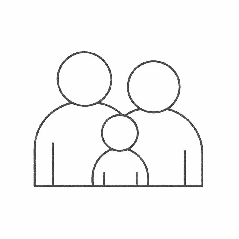 Outline drawing of three people, with two larger figures and one smaller figure in the middle.