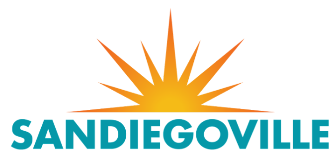 Sunburst graphic above the text 'SANDIEGOVILLE' in teal font.