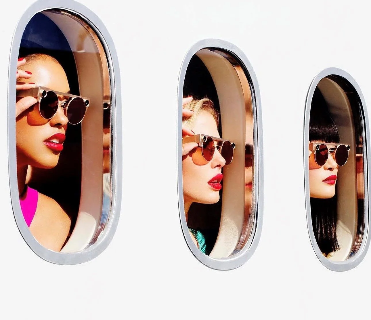 Three women looking out airplane windows wearing sunglasses, with different hairstyles and makeup.