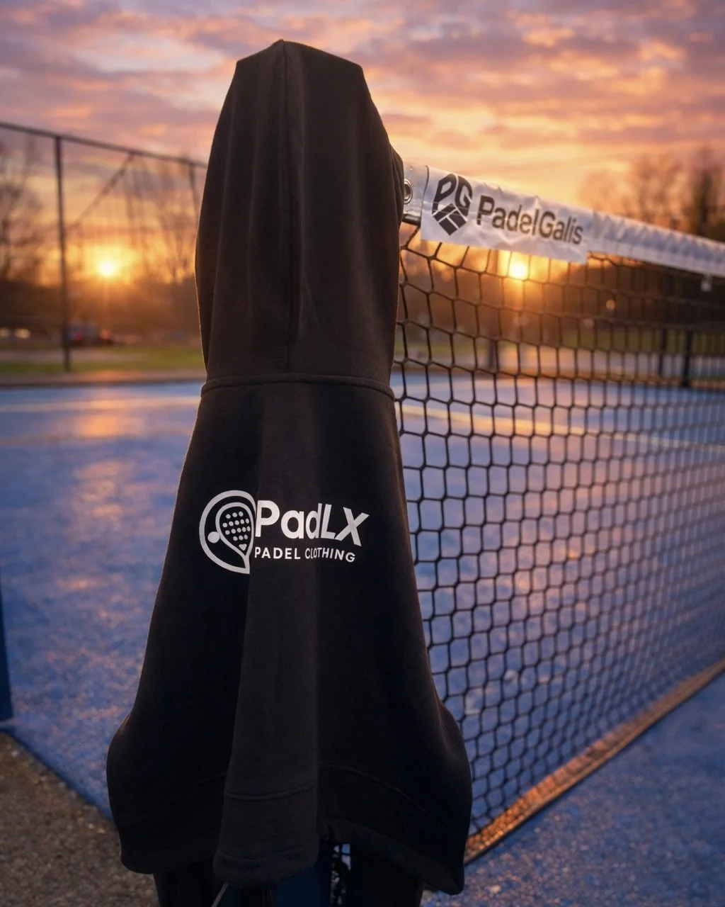 Black PadLX hoodie on a padel court at sunset, draped over the net post.