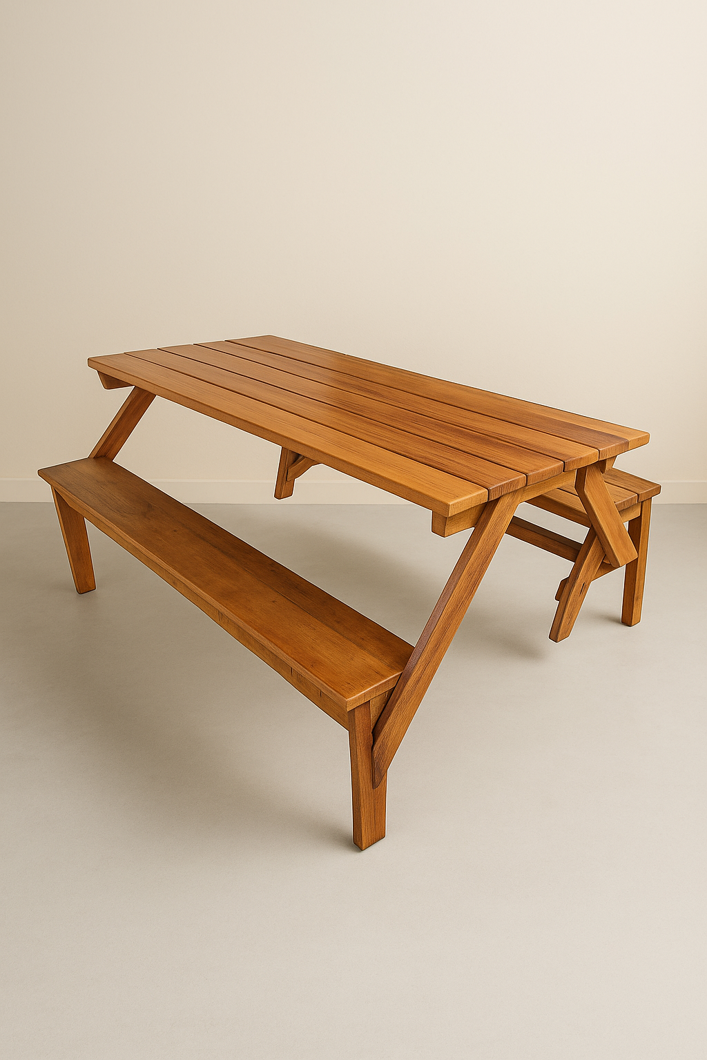 Mesa de madeira com estante na parte inferior, frente a parede branca.