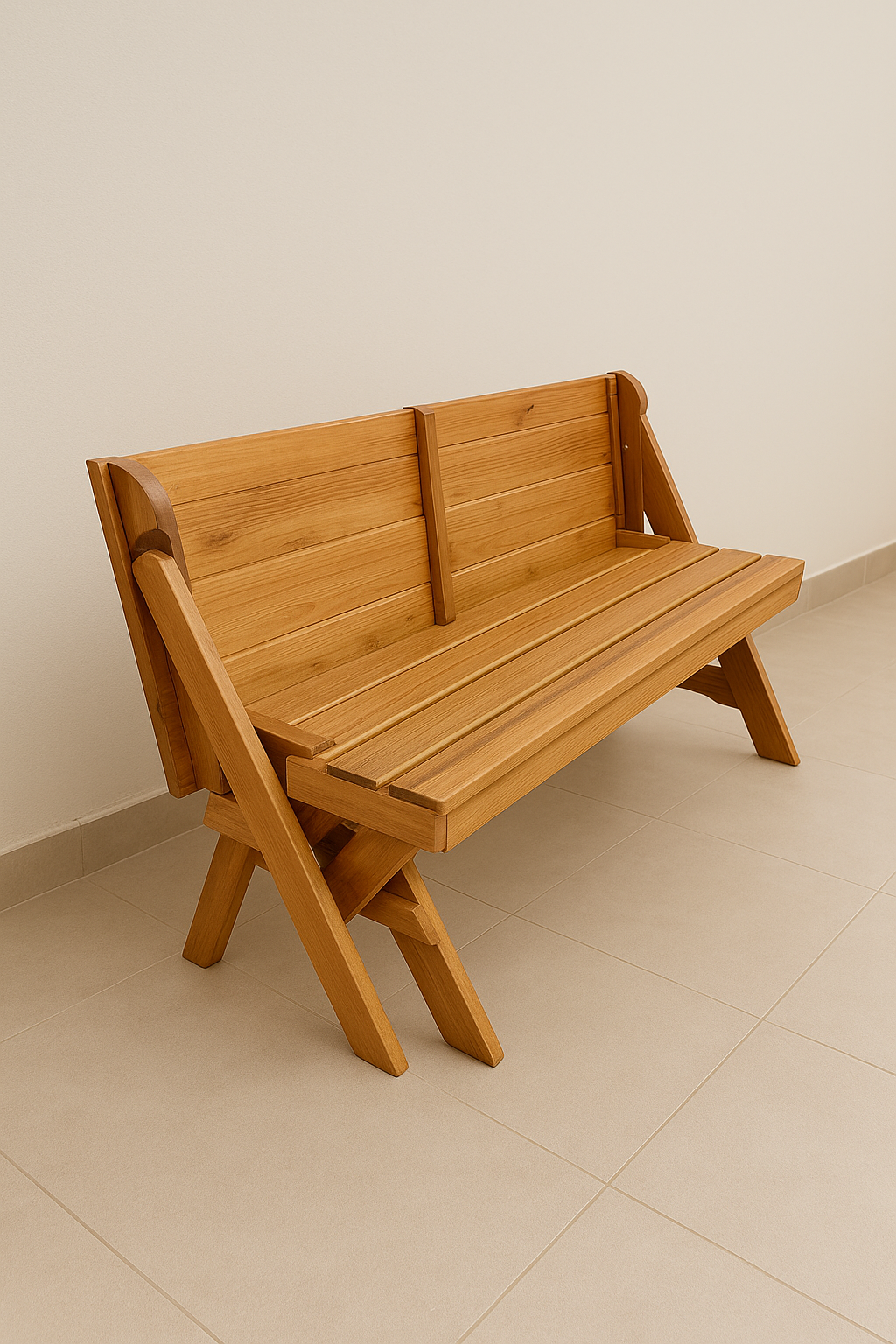 Banco de madeira com encosto, localizado em um ambiente com piso de azulejos claros e parede branca.