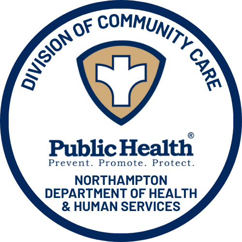 Logo for the Division of Community Care, part of Public Health, Northampton Department of Health & Human Services. Features a shield with a white cross in the center.