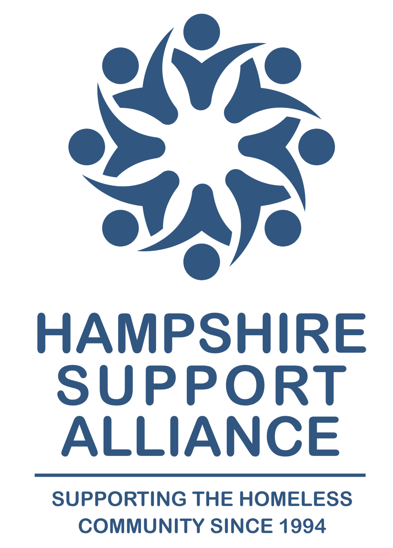 Logo of the Hampshire Support Alliance featuring a stylized circular design with person icons and the text 'Hampshire Support Alliance, Supporting the Homeless Community Since 1994'.