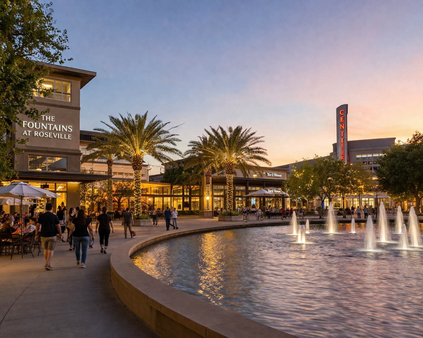 Modern community fountains, shopping, and walkway representing local lifestyle in Roseville, CA.