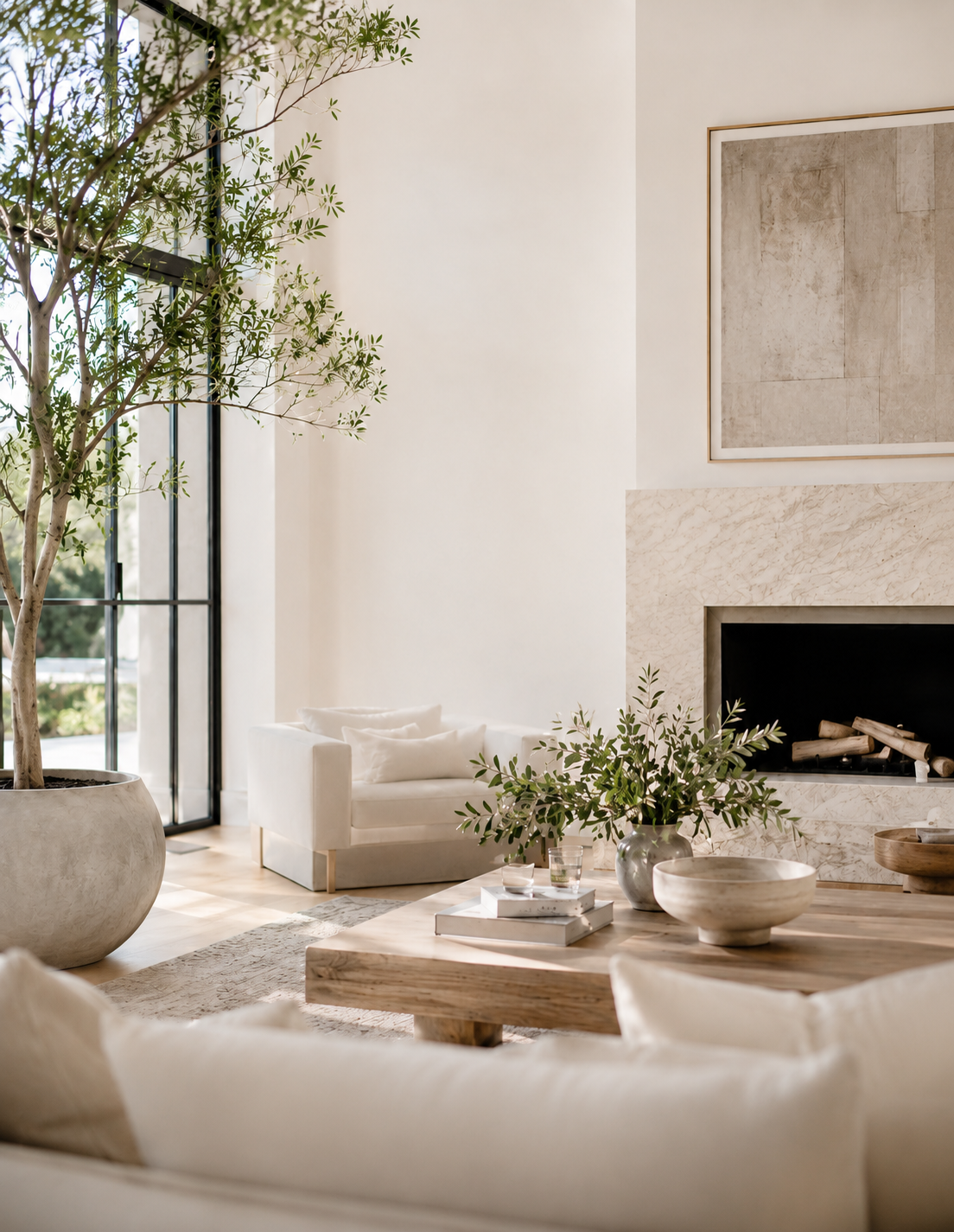 Modern organic family room with fireplace, greenery, and cozy seating representing a new home and fresh start